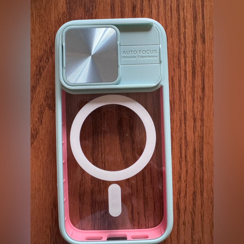 Mint Green and Pink Phone Case with Slide Camera Cover for iPhone 15 Pro